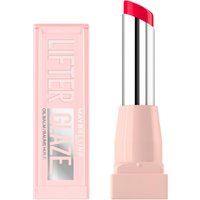 Maybelline Lifter Glaze Lip Balm in Cherry Swirl, pink tube, silver twist-up case, vibrant red balm tip.