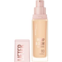 Maybelline Lifter Plump & Glow Foundation 110, 30 ml, in a clear bottle with pink pump and cap.