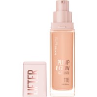 Maybelline Lifter Plump & Glow Foundation 116, 30 ml, in a clear bottle with pink pump and cap.