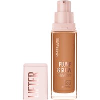 Maybelline Lifter Plump & Glow Foundation 336, 30 ml bottle, clear glass with pink pump and cap.