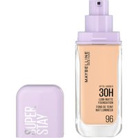Maybelline Superstay Lumi Matte Foundation 96, 35 ml, in clear bottle with lavender pump and matching square cap.