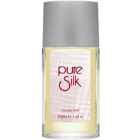 Clear bottle of Mayfair Pure Silk Eau De Cologne, 100ml, with silver cap and pink label.