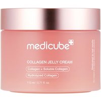 Pink Medicube Collagen Jelly Cream jar with rose gold lid and white text, 110ml capacity.