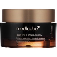 Medicube Deep Vita C Capsule Cream in a dark amber jar with a gold lid, featuring white and gold text.