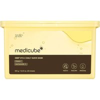 Yellow rectangular tub of medicube Deep Vita C Daily Quick Mask with brown text and icons.