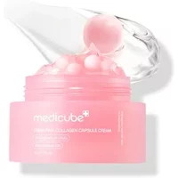 Pink Medicube PDRN Collagen Capsule Cream jar with translucent gel and pink capsules inside.
