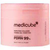 Medicube pink jar with black text, containing 70 PDRN Pink Collagen Toning Gel Toner Pads, 120ml size.