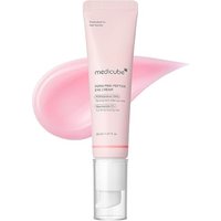 Pink medicube PDRN Pink Peptide Eye Cream tube, 30ml, with white pump dispenser and pink cream smear background.