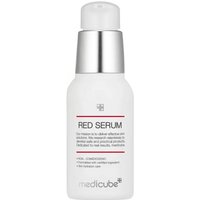 White Medicube Red Serum bottle with pump dispenser, red text, and brand logo on front.