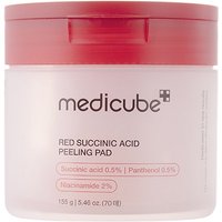 Medicube Red Succinic Acid Peeling Pad jar with red lid, white label, and exfoliating face wipe details.