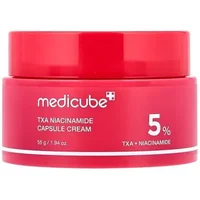 Red Medicube TXA Niacinamide Capsule Cream jar, 55g, with white text and logo, 5% TXA + Niacinamide formula.