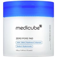 Medicube Zero Pore Pad 2.0 jar with blue lid, white container, 70 pads, featuring AHA, BHA, Panthenol, Allantoin.