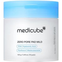 Medicube Zero Pore Pad Mild jar with blue lid, white container, and product details in black text.