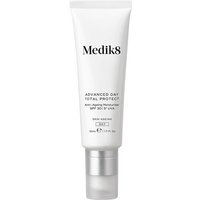White Medik8 Advanced Day Total Protect tube with silver cap, black text, 50ml size.