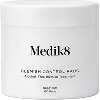 White jar of Medik8 Blemish Control Pads, 60 pads, with black text on label, alcohol-free blemish treatment.