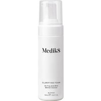 White bottle of Medik8 Clarifying Foam, 150ml, with black text and a clear pump dispenser.