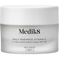White jar of Medik8 Daily Radiance Vitamin C cream, 50ml, with gray band and black text on the label.
