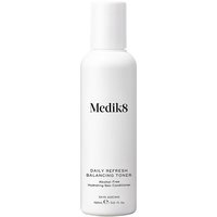 White Medik8 Daily Refresh Balancing Toner bottle, 150ml, with black text and sleek cylindrical design.