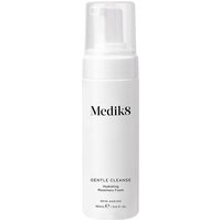 White Medik8 Gentle Cleanse 150ml bottle with pump dispenser, black text, sleek design.