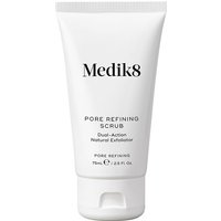 White tube of Medik8 Pore Refining Scrub, 75ml, with black text and flip-top cap.
