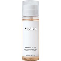 Clear bottle of Medik8 Press & Glow 200ml exfoliating toner with white label and silver pump dispenser.