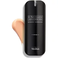 Black cylindrical Medik8 R-Retinoate Intense 50ml bottle with silver pump, next to a beige cream swatch.