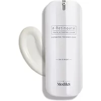 White Medik8 R-Retinoate cream bottle with pump dispenser, sleek design, and silver accents, 50ml capacity.