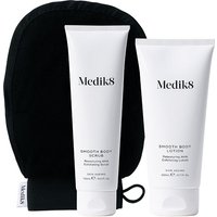 Medik8 Smooth Body Exfoliating Kit with white tubes of scrub and lotion, black exfoliating mitt included.