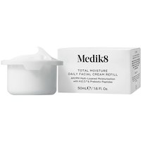White Medik8 facial cream refill pod, 50ml, with sleek packaging and text detailing product benefits.