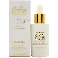MeMeMe Golden Angel 24k Gold Hydrating Oil, white bottle with gold cap and dropper, next to matching box.