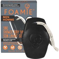 Black FOAMIE 3-in-1 shower bar with embossed logo, charcoal and rosewood scent, and attached beige hanging cord.