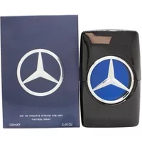 Black Mercedes-Benz Man Intense Eau De Toilette bottle with blue emblem, next to matching blue and black box, 100ml.