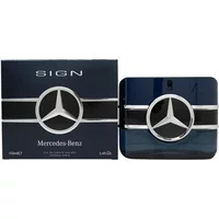 Mercedes-Benz Sign Eau De Parfum 100ml, dark blue bottle with silver logo, matching box.