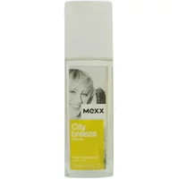Clear bottle with white cap, Mexx City Breeze For Her Deodorant Spray, features a smiling woman and yellow label.