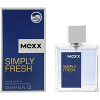 Clear glass bottle of Mexx Simply Fresh Eau De Toilette 50ml with blue label and square silver cap.