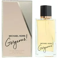 Michael Kors Gorgeous Eau De Parfum 100ml bottle with black cap, gold accents, and matching beige box.