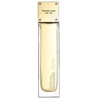Tall rectangular bottle of Michael Kors Sexy Amber Eau De Parfum, gold cap, and clear glass showcasing amber liquid.