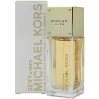 Michael Kors Sexy Amber Eau De Parfum 50ml, gold cap, clear rectangular bottle, white box with gold lettering.