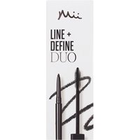 Mii Cosmetics Line + Define Duo with black eyeliner pencil and mascara, sleek black packaging, white box with bold text.