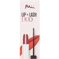 Mii Cosmetics Lip + Lash Duo in Fireside, featuring red lipstick and black mascara with sleek white and black packaging.