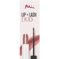 Mii Cosmetics Lip + Lash Duo with pink lipstick and black mascara in white packaging.