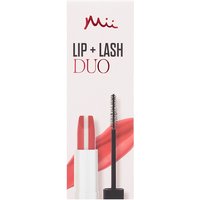 Mii Cosmetics Lip + Lash Duo in Rosie Posie, featuring a pink lipstick and black mascara in a sleek white tube.