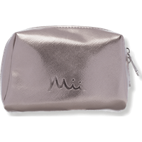 Rose gold Mii Cosmetics makeup bag with metallic finish and embossed logo, featuring a zip closure.
