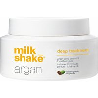 White milk_shake Argan Deep Treatment jar with yellow text and green argan oil icon, 200ml size.
