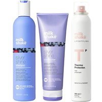 milk_shake Icy Blond Shampoo in blue bottle, Conditioner in purple bottle, and white can of Thermo Protector spray.