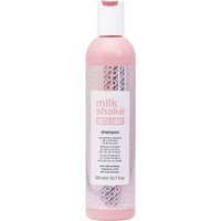 Pink bottle of milk_shake INSTA.LIGHT Shampoo 300ml with white cap and geometric pattern.