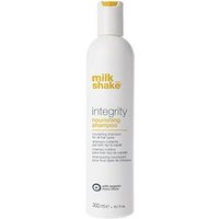 White bottle of milk_shake Integrity Nourishing Shampoo 300ml with yellow cap and text detailing.