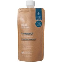 Brown pouch of milk_shake K-Respect Smoothing Shampoo, 250ml, with white cap and eco-friendly label.