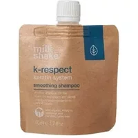 milk_shake K-Respect Smoothing Shampoo 50ml in a tan pouch with white cap and blue accent, featuring keratin system.