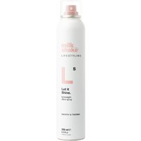 White milk_shake Let It Shine Finishing Spray 200ml can with pink text and a translucent cap.
